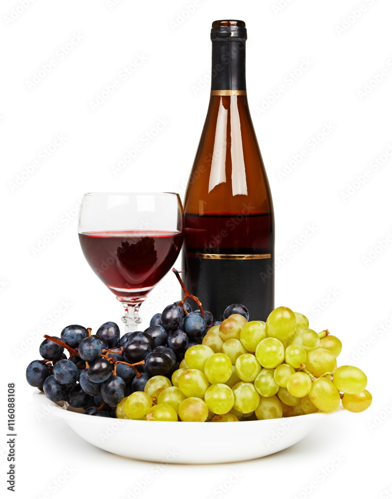 Bottle, glass with red wine and grapes