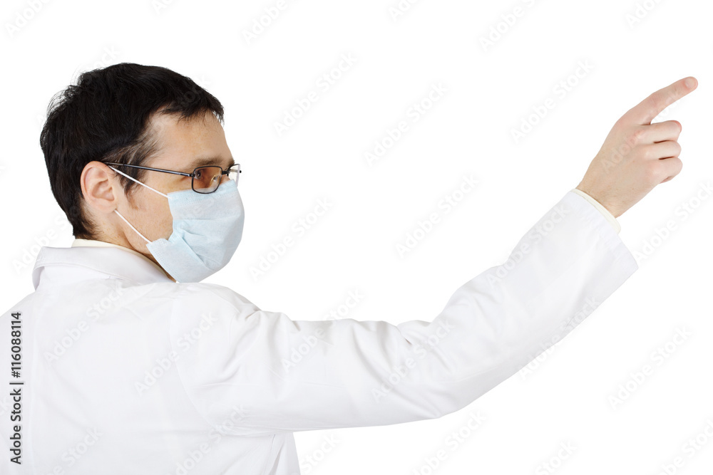 Вoctor in medical mask points a finger Вoctor in medical mask points a finger