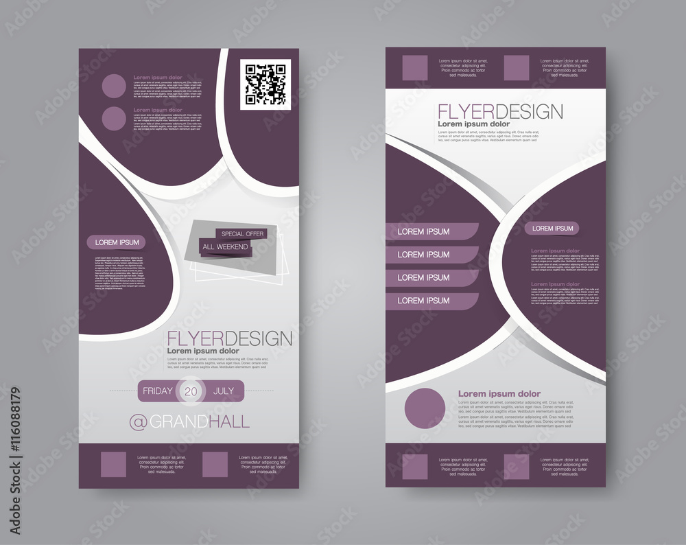 Vector flyer and leaflet design. Set of two side brochure templates. Purple color.