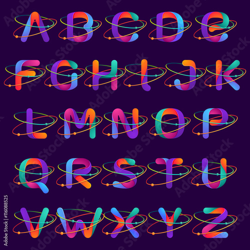 Alphabet logos with atoms orbits lines.