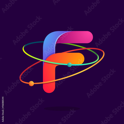 Letter F logo with atoms orbits lines.