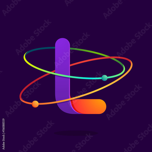 Letter L logo with atoms orbits lines.