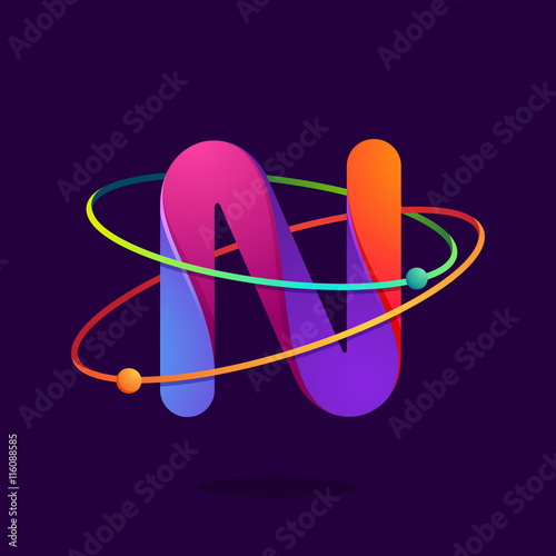 Letter N logo with atoms orbits lines.