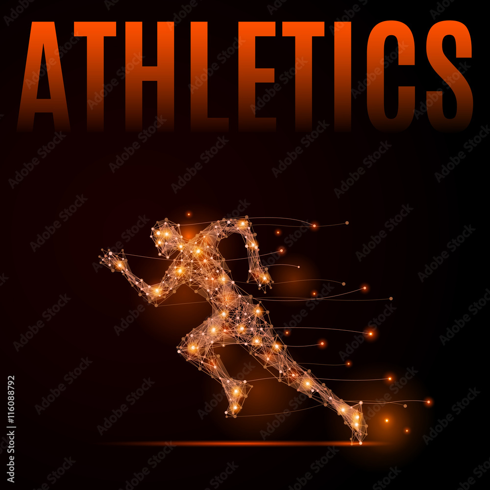 Abstract line athlete in motion. Silhouette of a man made of lines and  points. Background Athletics. Fire style vector illustration Stock Vector