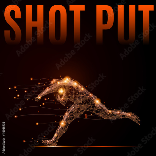 Polygonal shot put athlete in motion. Silhouette of a man made of lines and points. Fire style vector illustration