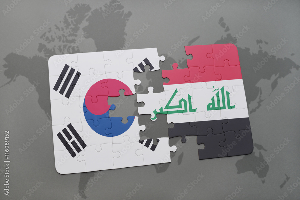 puzzle with the national flag of south korea and iraq on a world map background.