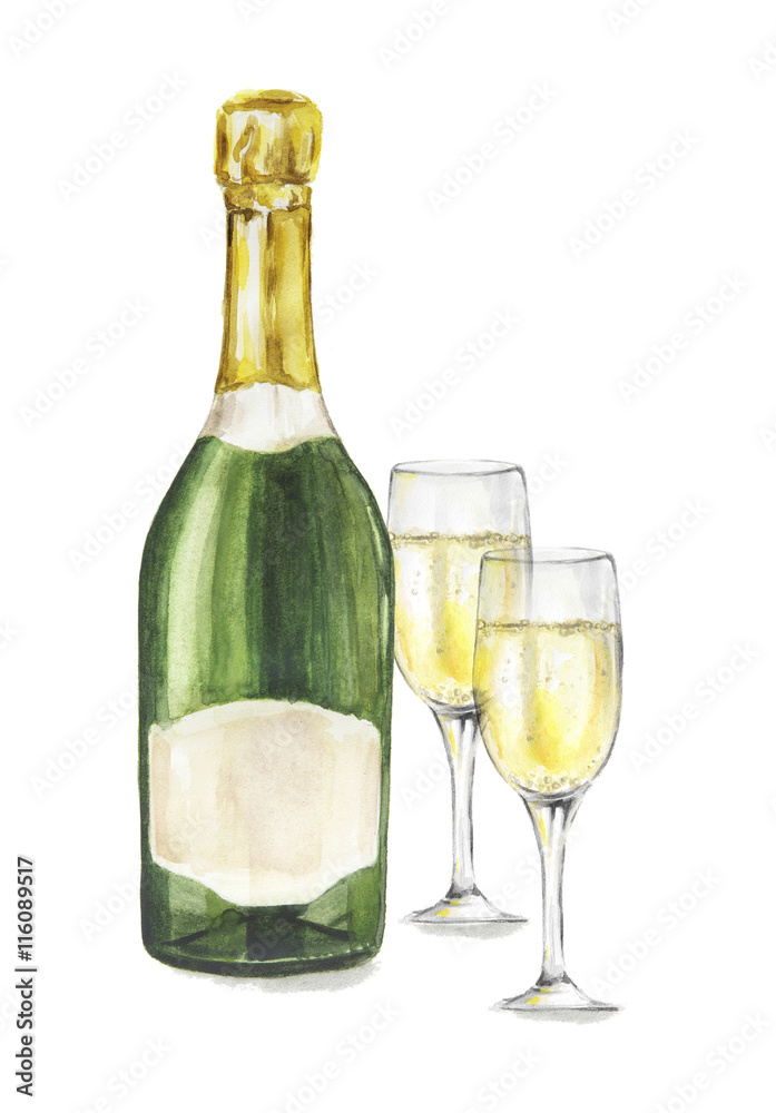 Isolated watercolor champagne bottle with glasses on white background. Alcohol bottle for decoration of menu, cafe, restaurant. isolated on white Isolated watercolor champagne bottle with glasses on white background. Alcohol bottle for decoration of menu, cafe, restaurant. isolated on white