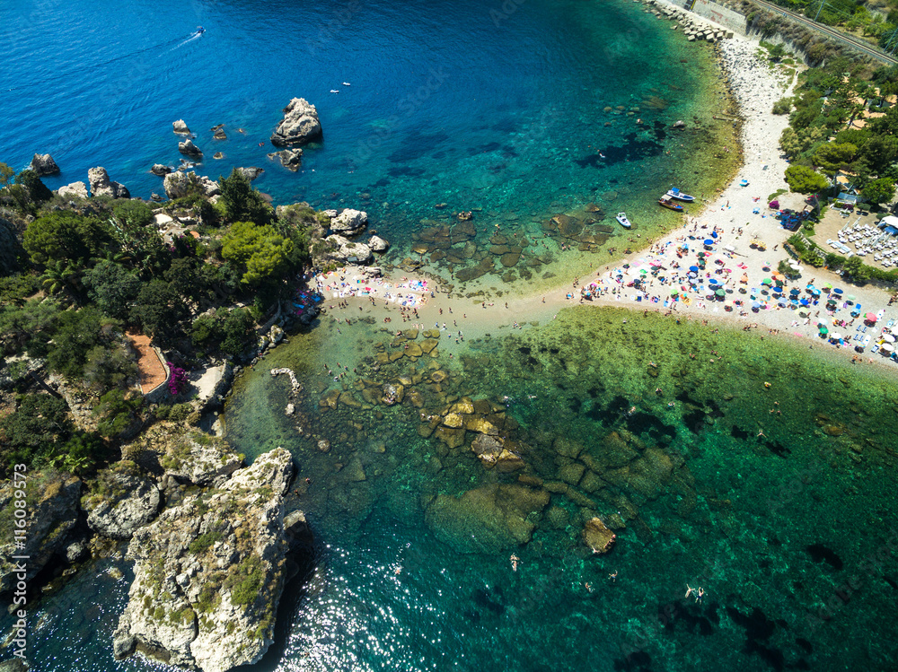 Top View of beach and island Isola Bella at Taormina, Sicily