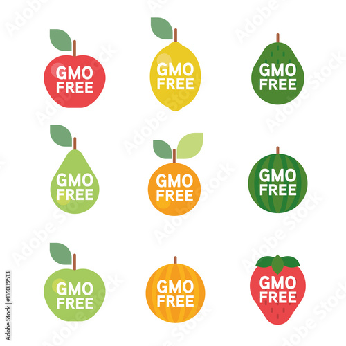 GMO Free tag logo label emblem for plant fruits and vegetable symbols icons vector