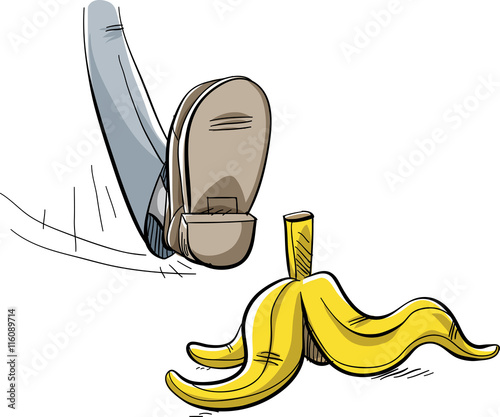 A cartoon foot about to step and slip on a discarded yellow banana peel lying on the ground.