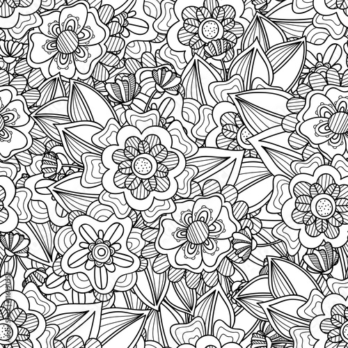 Doodle flowers seamless pattern.  Zentangle style flowers and leaves background. Black and white hand drawn herbal pattern.