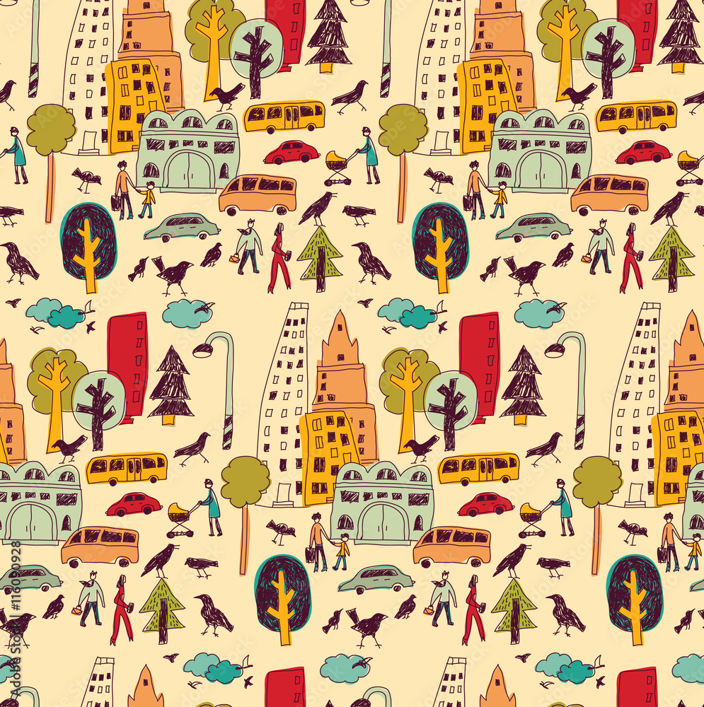 Doodles urban city buildings and trees street color seamless pattern.