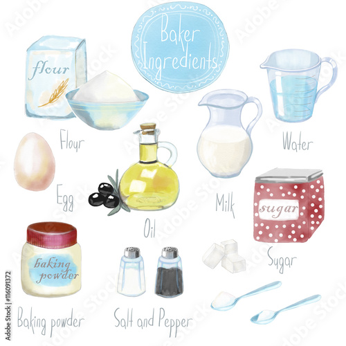 Watercolor illustration collection baker ingredients