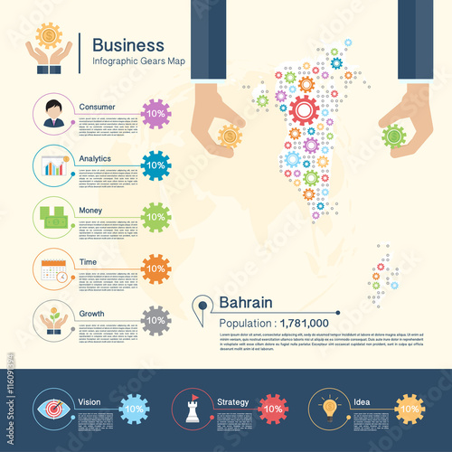 Business Infographic with gears,Bahrain map