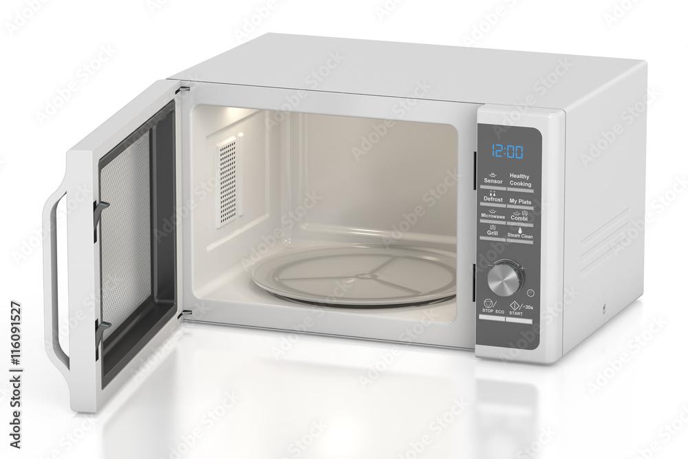 Fototapeta premium white opened microwave oven, 3D rendering