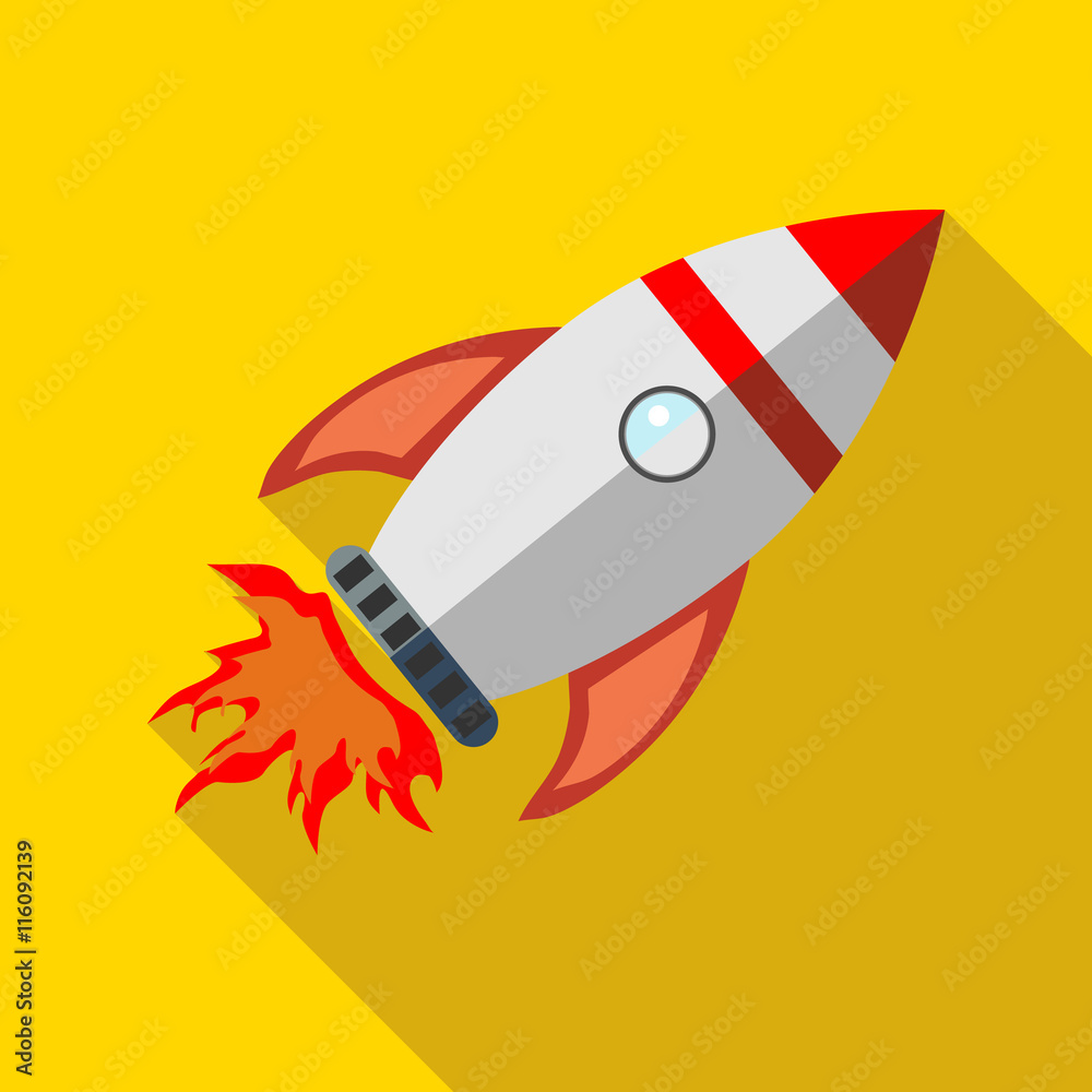 Rocket launch icon in flat style on a yellow background