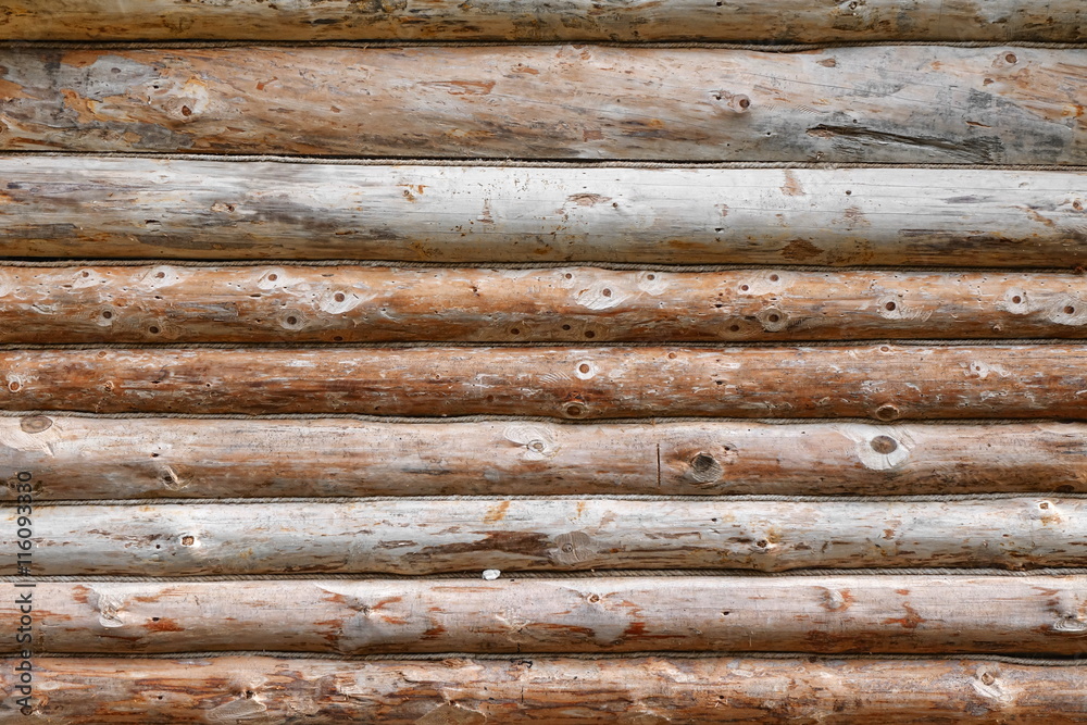 Debarked Rough Log Cabin Wall Horizontal Background Debarked Rough Log Cabin Wall Horizontal Background