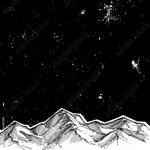 Hand drawn vector illustration - mountains and starry sky . Sket