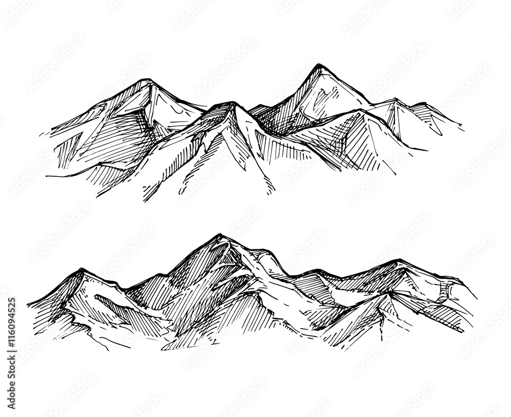 Naklejka Ręcznie rysowane ilustracji wektorowych - góry. Styl szkicu