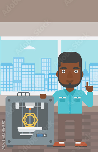 Man with three D printer vector illustration.
