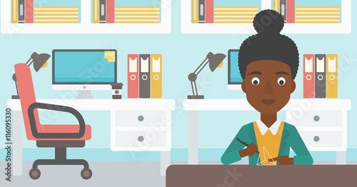 Woman using three D pen vector illustration.