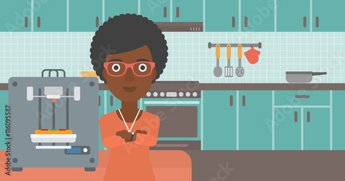 Woman with three D printer vector illustration.