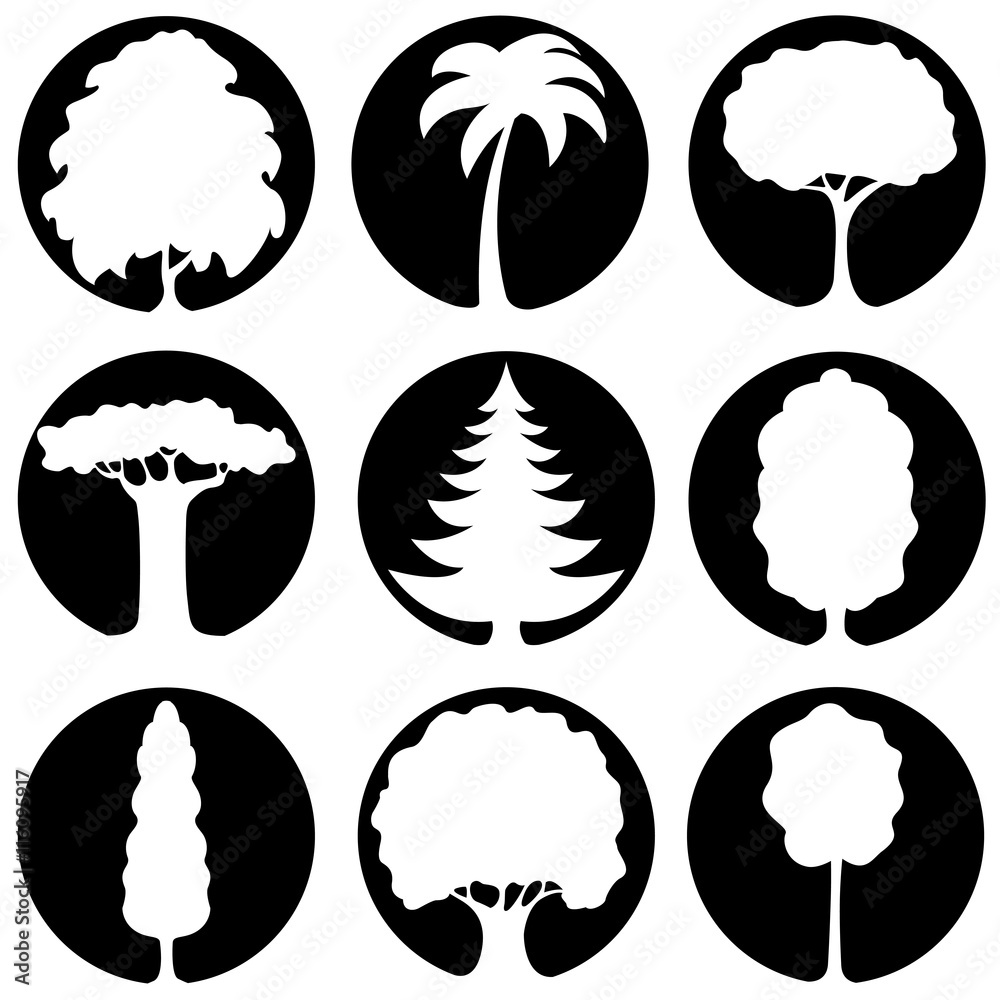 set-of-icons-of-different-types-of-white-silhouettes-of-trees-on-a