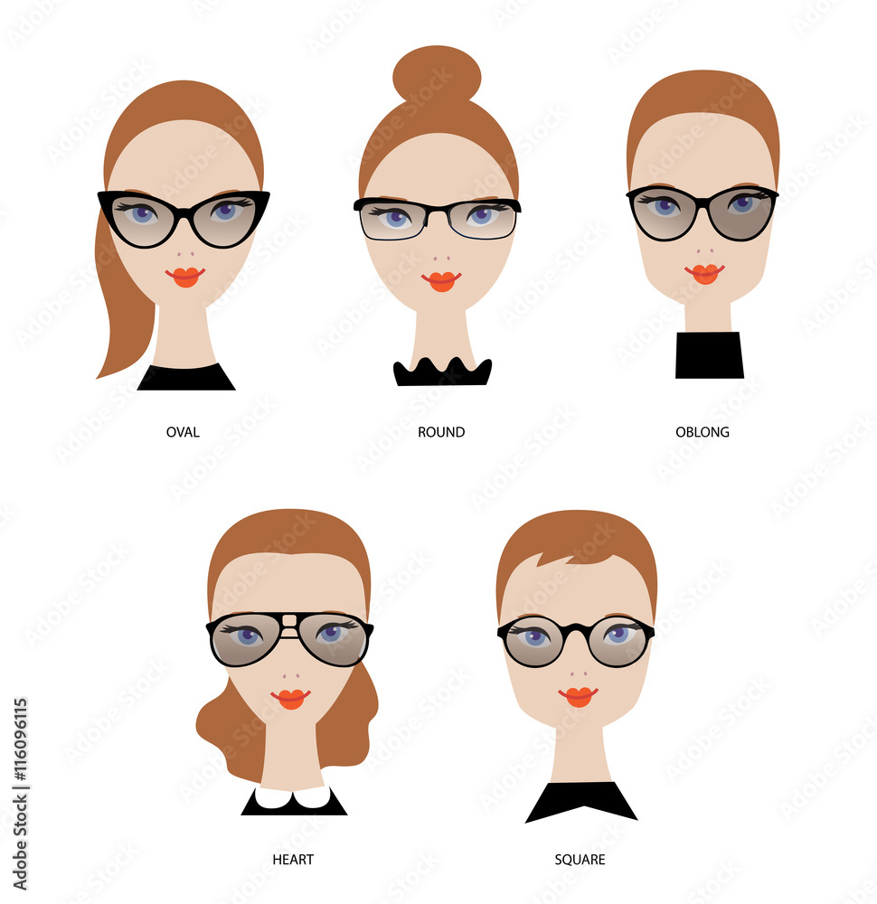 Female face shapes. Woman glasses types. Round, oval, rectangle, square,  heart. Beauty Vector illustration. Stock Vector | Adobe Stock