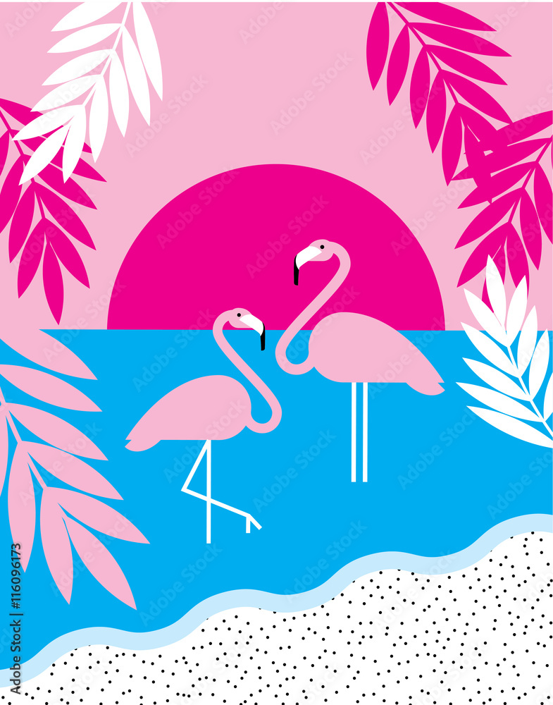 Naklejka premium Tropic beach poster with flamingo in the lake. Summer poster design. Vector illustration