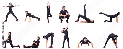 Young man doing exercises on white