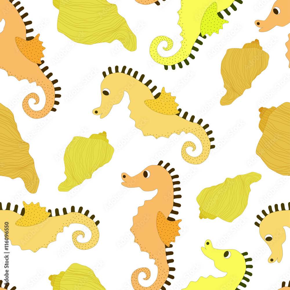 Fototapeta premium Seamless pattern with crabs and shells.Vector nautical print.Sea background.Textile texture