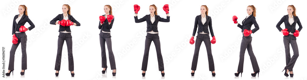 Woman businesswoman with boxing gloves on white Woman businesswoman with boxing gloves on white