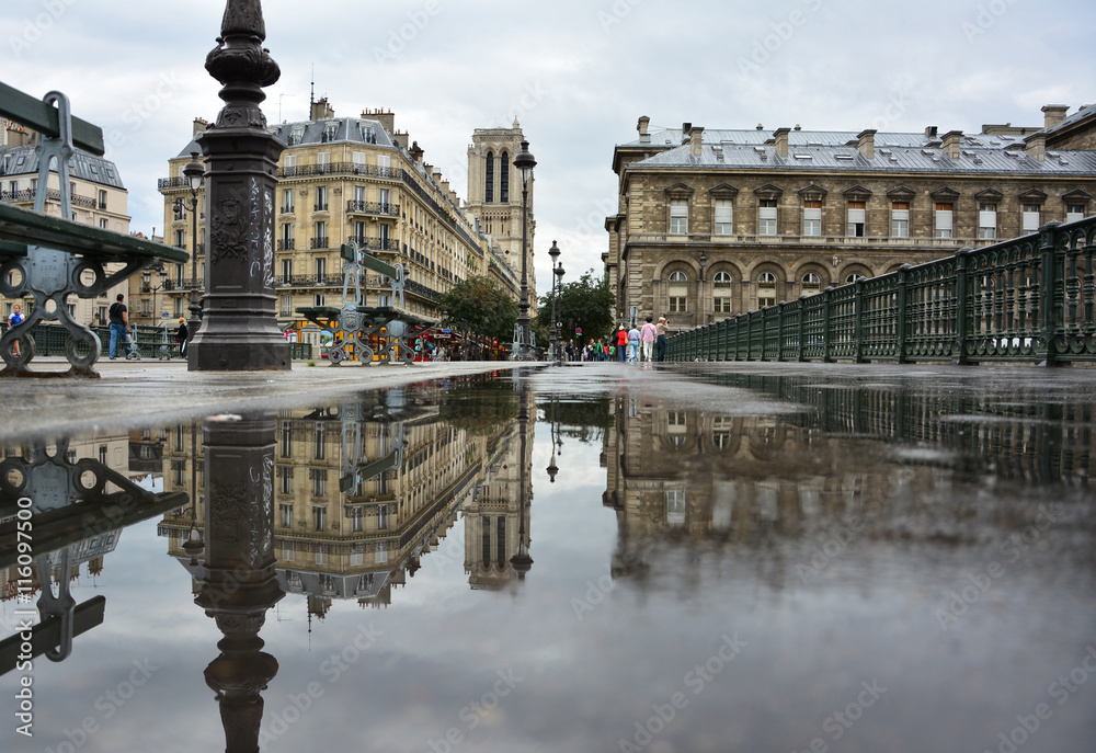 Fototapeta premium View of Pont d'Arcole and Notre Dame Cathedral in Paris