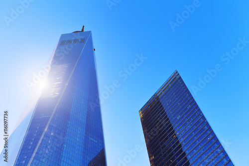 Looking up at skyscrapers in New York City