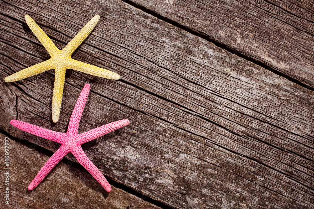Sea shells on wooden background. Starfish Sea shells on wooden background. Starfish