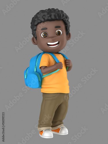 3d illustration of a cute african american boy ready for school carrying a back pack