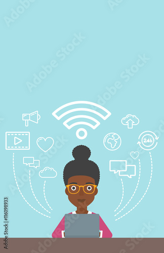 Woman working on laptop vector illustration.