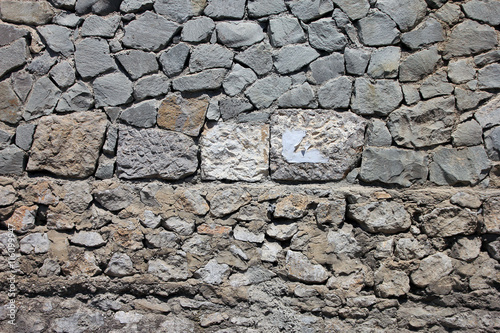 texture of old dilapidated shabby rubble masonry of  wall foregr photo