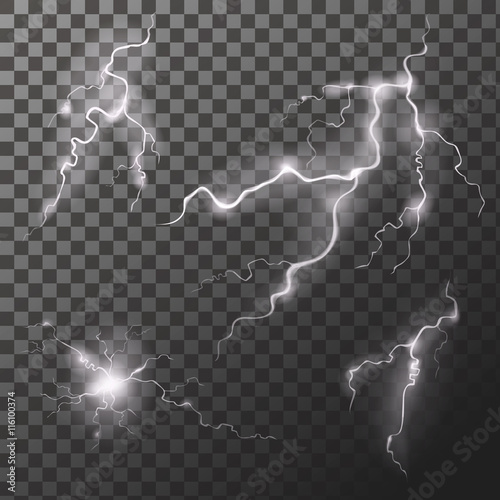 Set of lightnings. Thunder-storm Magic and bright zigzag effects. Vector
