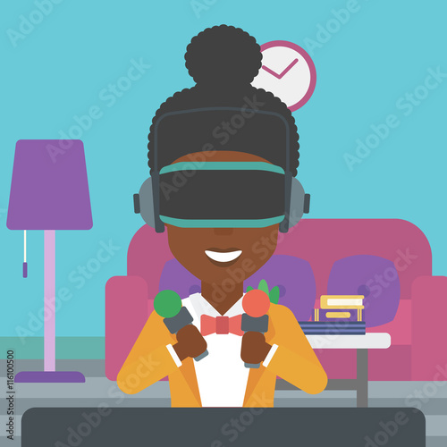 Woman wearing virtual reality headset.