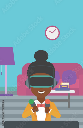 Woman wearing virtual reality headset.