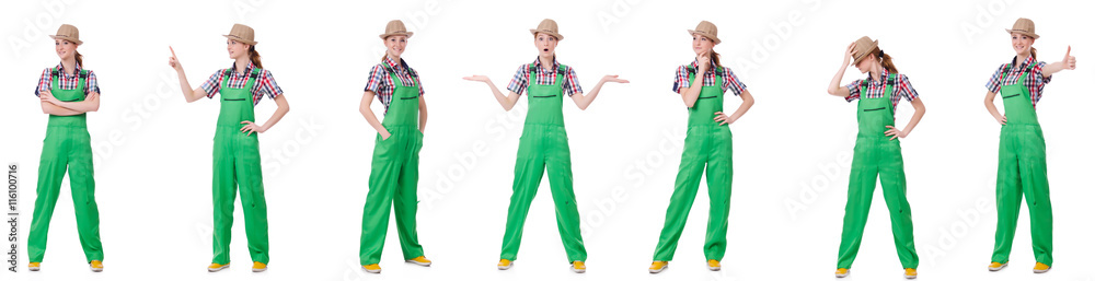 Collage of woman wearing green coveralls isolated on white Collage of woman wearing green coveralls isolated on white