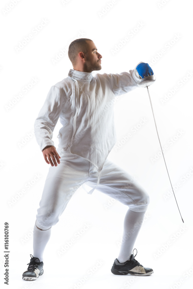 Fencing athlete wins the competition isolated in white background Fencing athlete wins the competition isolated in white background