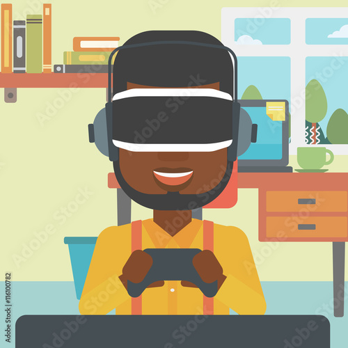 Man wearing virtual reality headset.