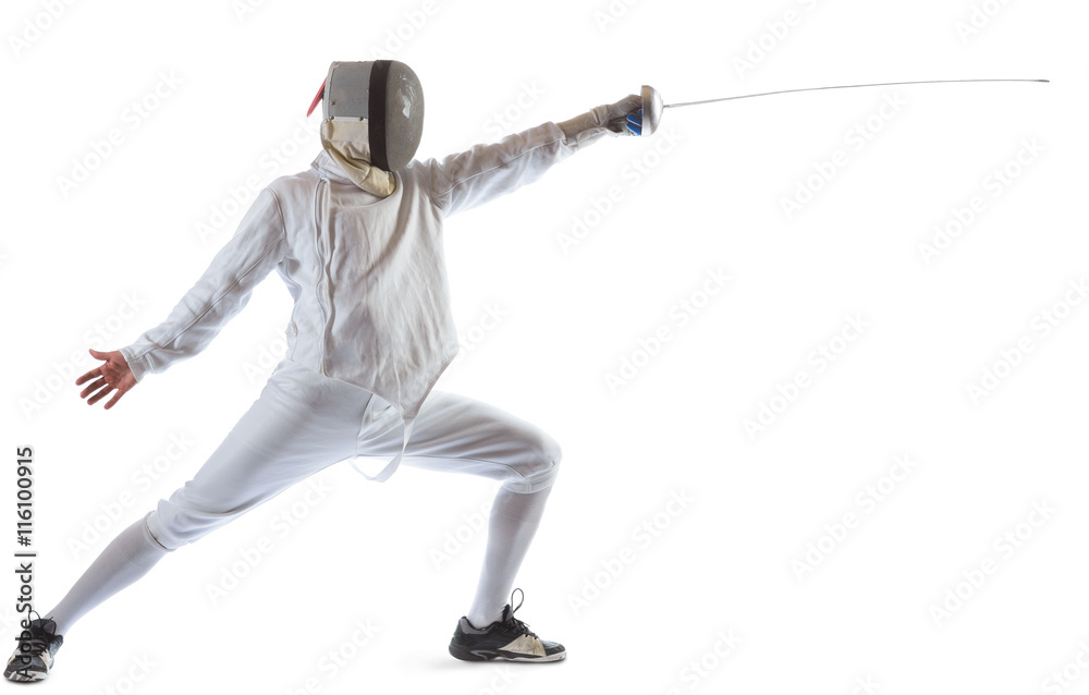 Fencing athlete wins the competition isolated in white background Fencing athlete wins the competition isolated in white background