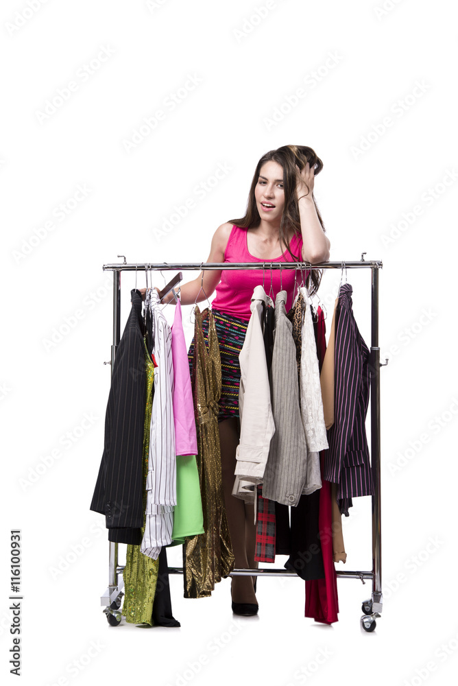 Woman choosing clothing in shop isolated on white