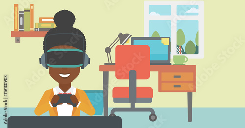 Woman wearing virtual reality headset.