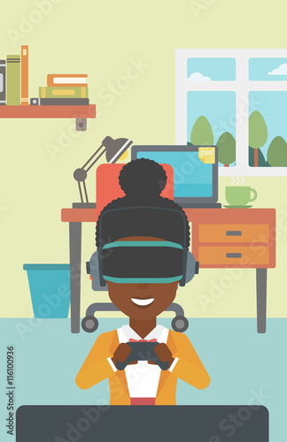 Woman wearing virtual reality headset.