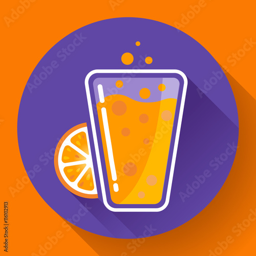 Flat ice tea drink icon. Orange juice glass