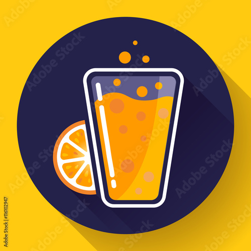 Flat ice tea drink icon. Orange juice glass